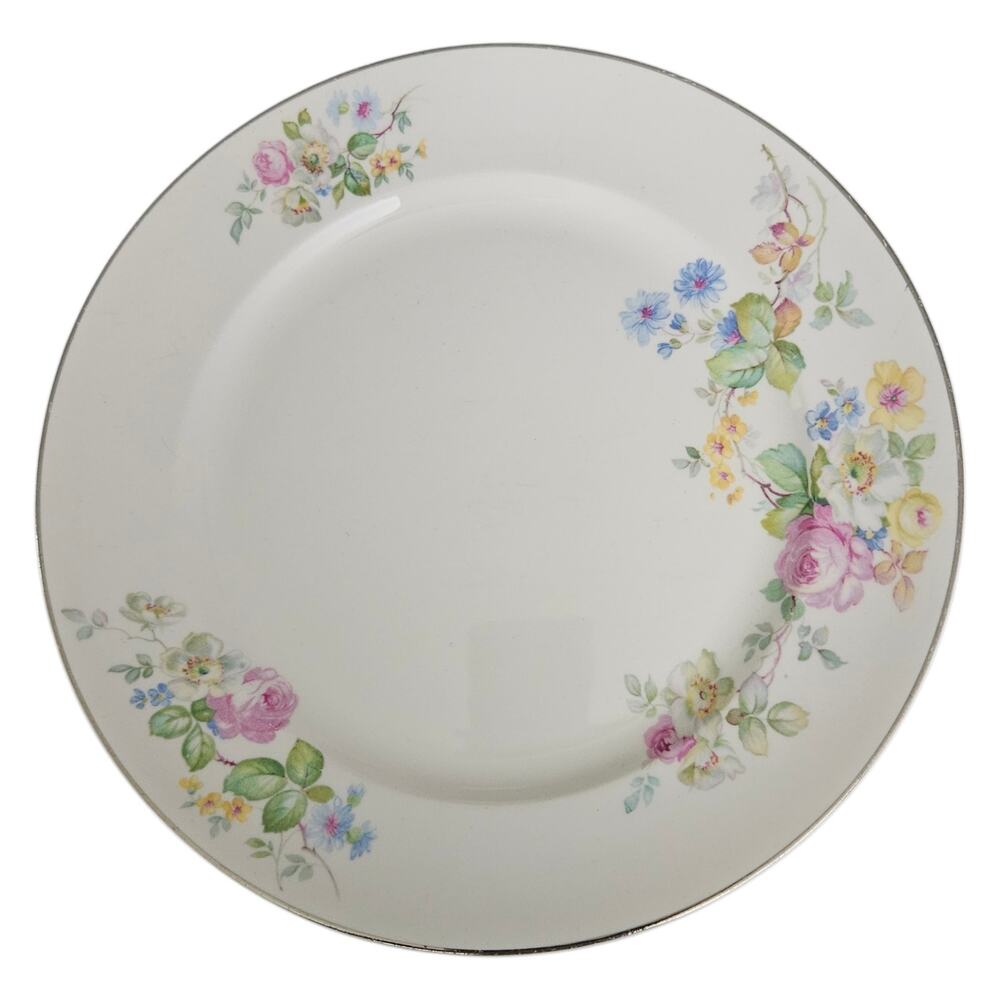 Pope-Gosser Elda Floral Dinner Plates Set of 4 Platinum Trim Vintage China